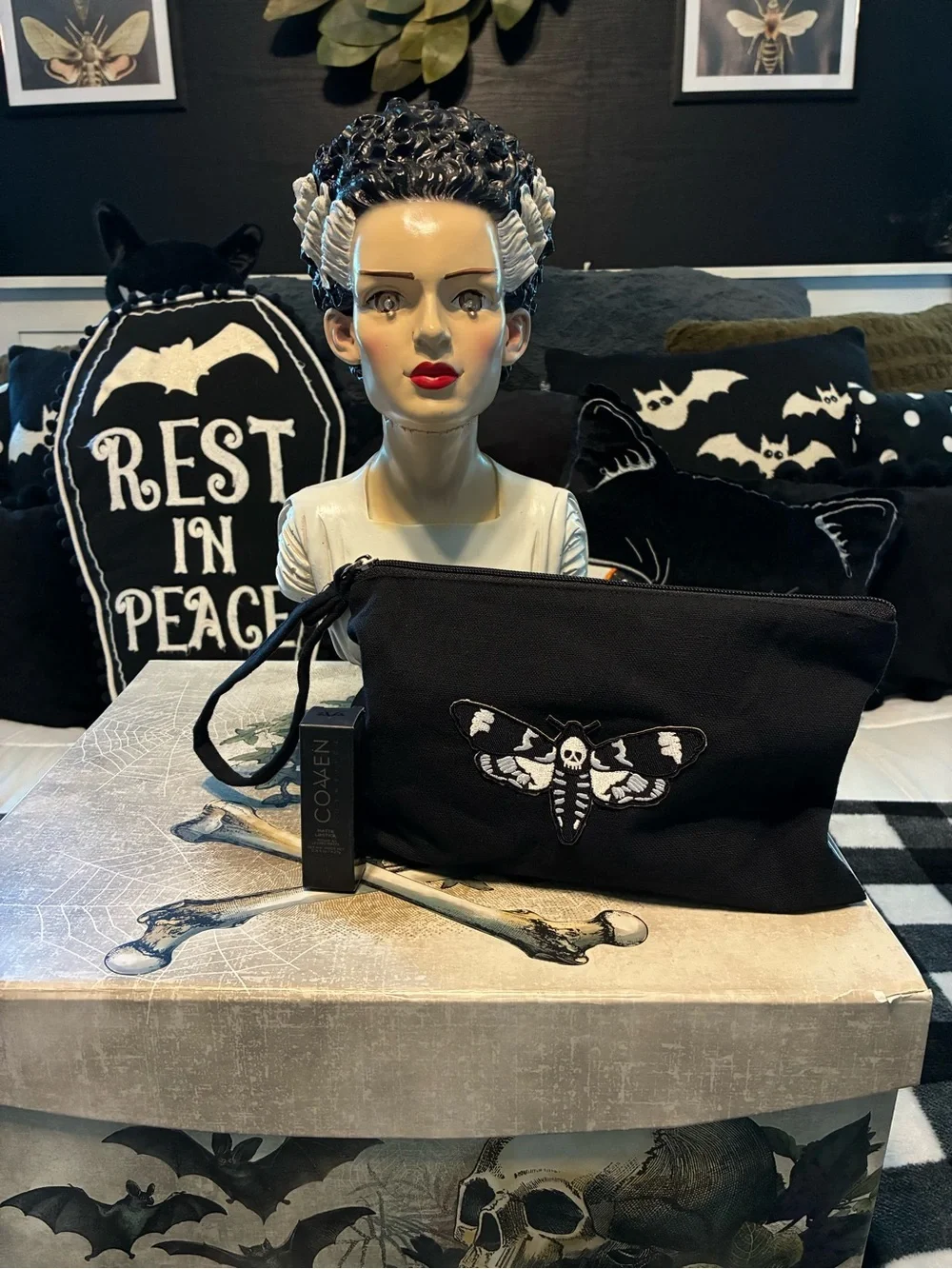 NEW Gothic Upcycled Black Make-up Bag Death Moth Design Kill Star Lipstick NWT